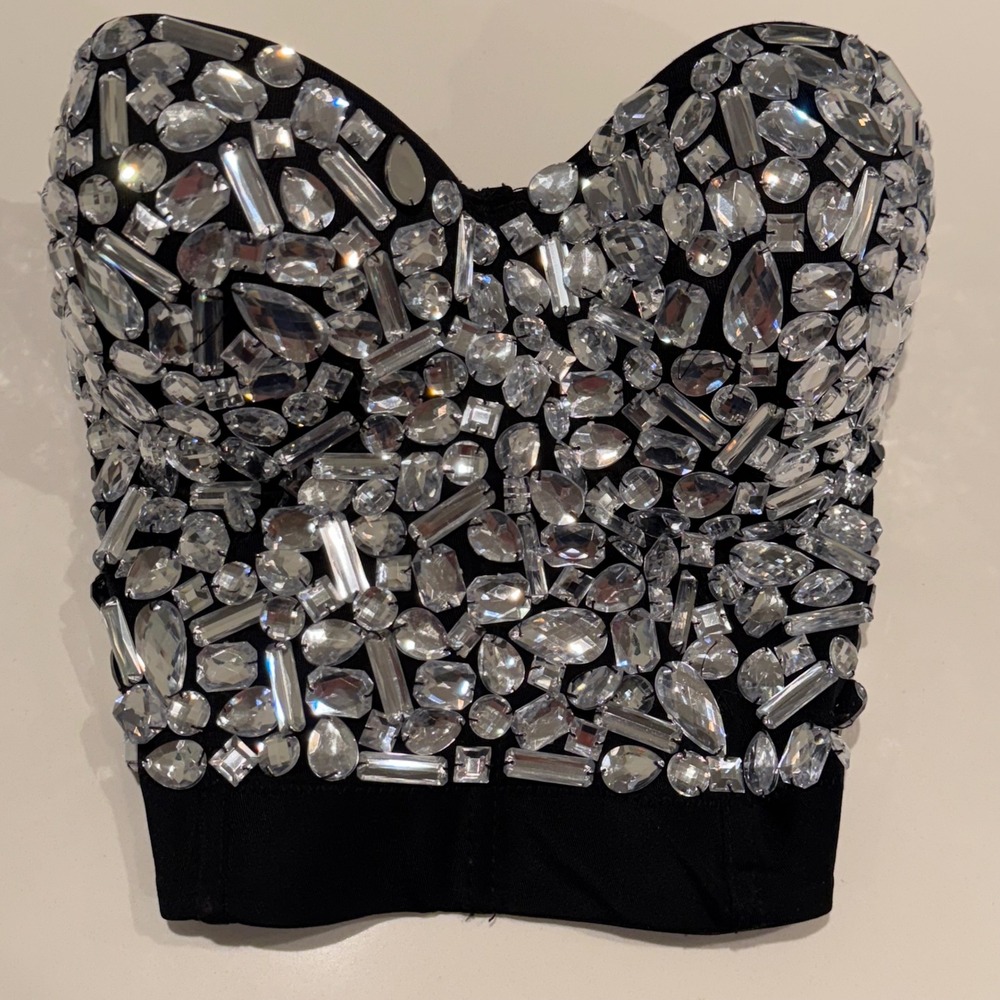 Black Rhinestone Corset Top Silver Crystal Bustier Party Crop Top Size Large
